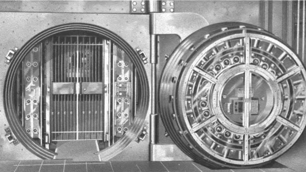 Porte ouverte et porte blindée circulaire d'une chambre forte de banque, photographie en noir et blanc de 1908