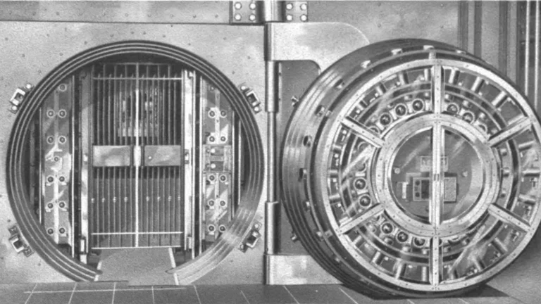 Porte ouverte et porte blindée circulaire d'une chambre forte de banque, photographie en noir et blanc de 1908