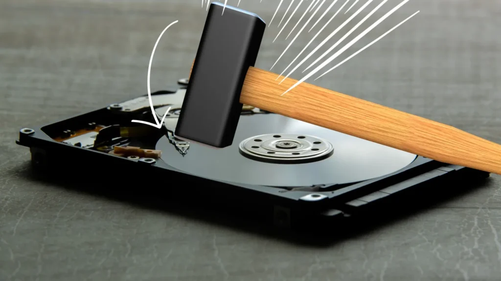 Disque dur ouvert frappé par un marteau