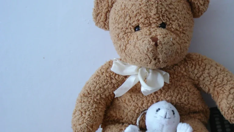 Ours en peluche brun avec un ruban blanc, assis sur un canapé devant un mur pâle