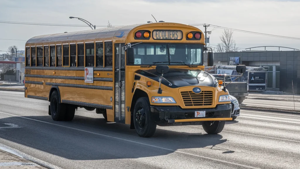 Autobus scolaire jaune qui circule seul sur une rue de ville, sans enfants