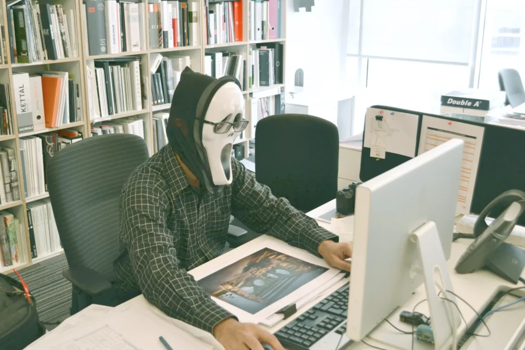 Personne masquée assise devant un ordinateur dans un bureau